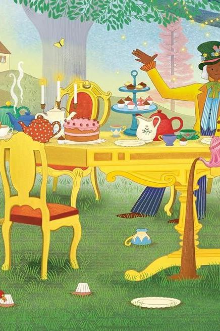 Illustrated Alice in Wonderland tea party scene from a musical children's book with interactive sound button.