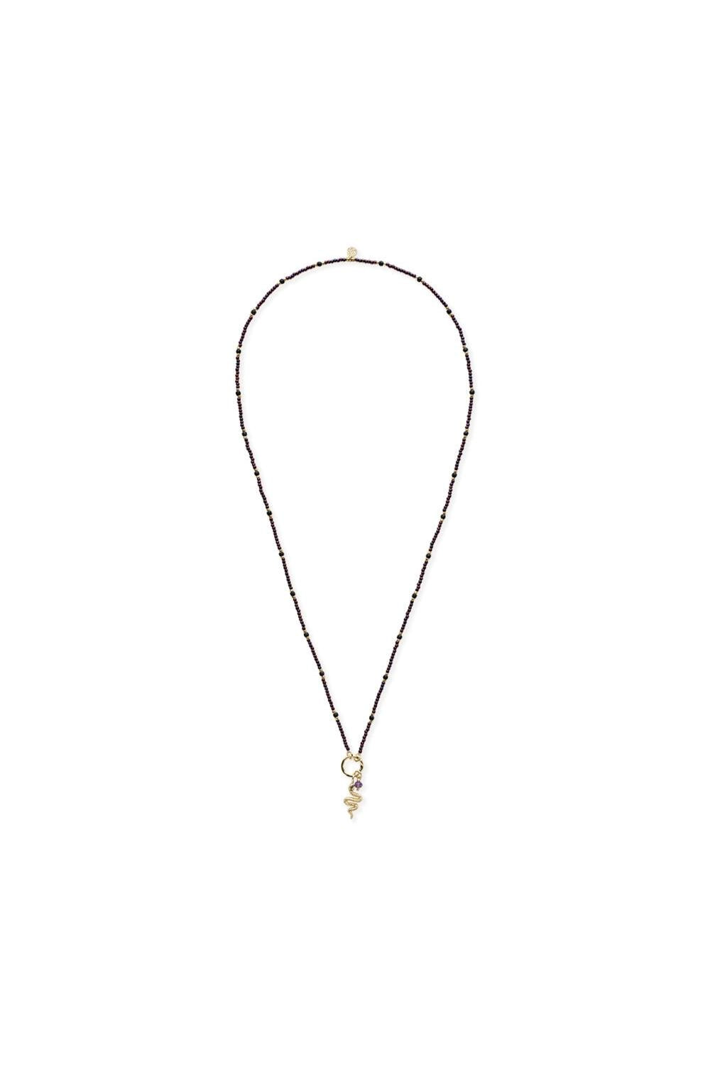 Gold-plated snake pendant necklace with purple amethyst gemstone beads.