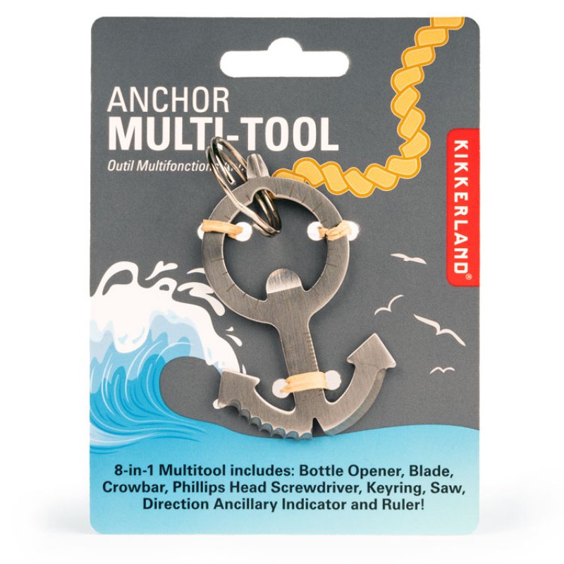 Kikkerland anchor multi tool keychain on packaging with wave graphic