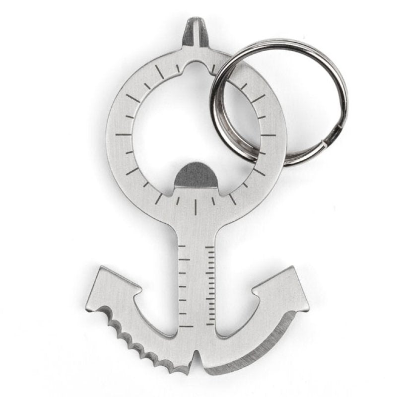 A stainless steel anchor-shaped multi-tool with a key ring, featuring ruler markings and integrated functional edges.