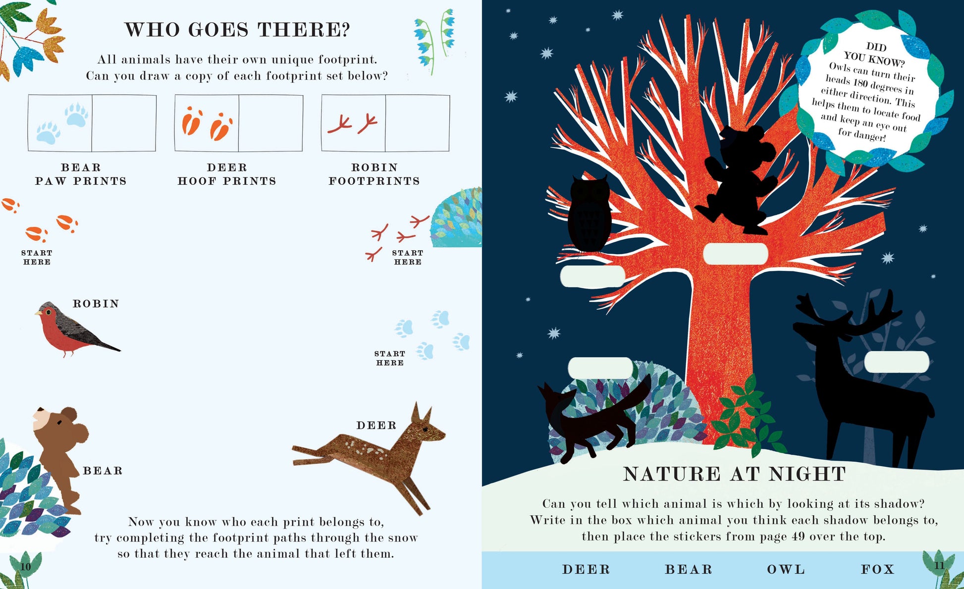 Educational activity page teaching children about animal footprints and nature identification at night.