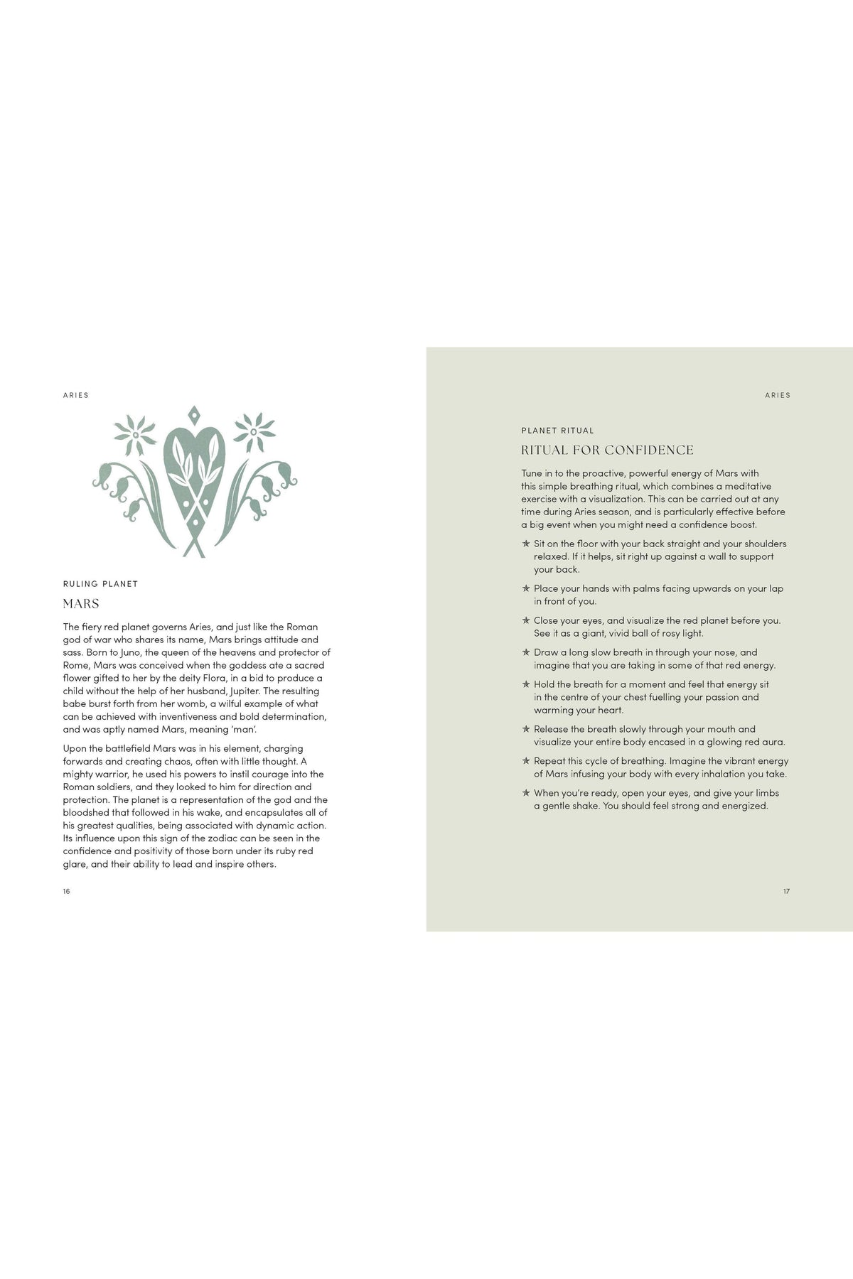 Open page from an astrology book describing the Aries zodiac sign and a confidence ritual.