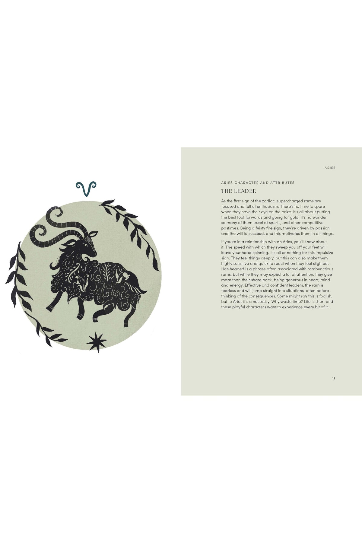 A printed book page showing an illustrated ram symbol for the Aries zodiac sign with descriptive text.