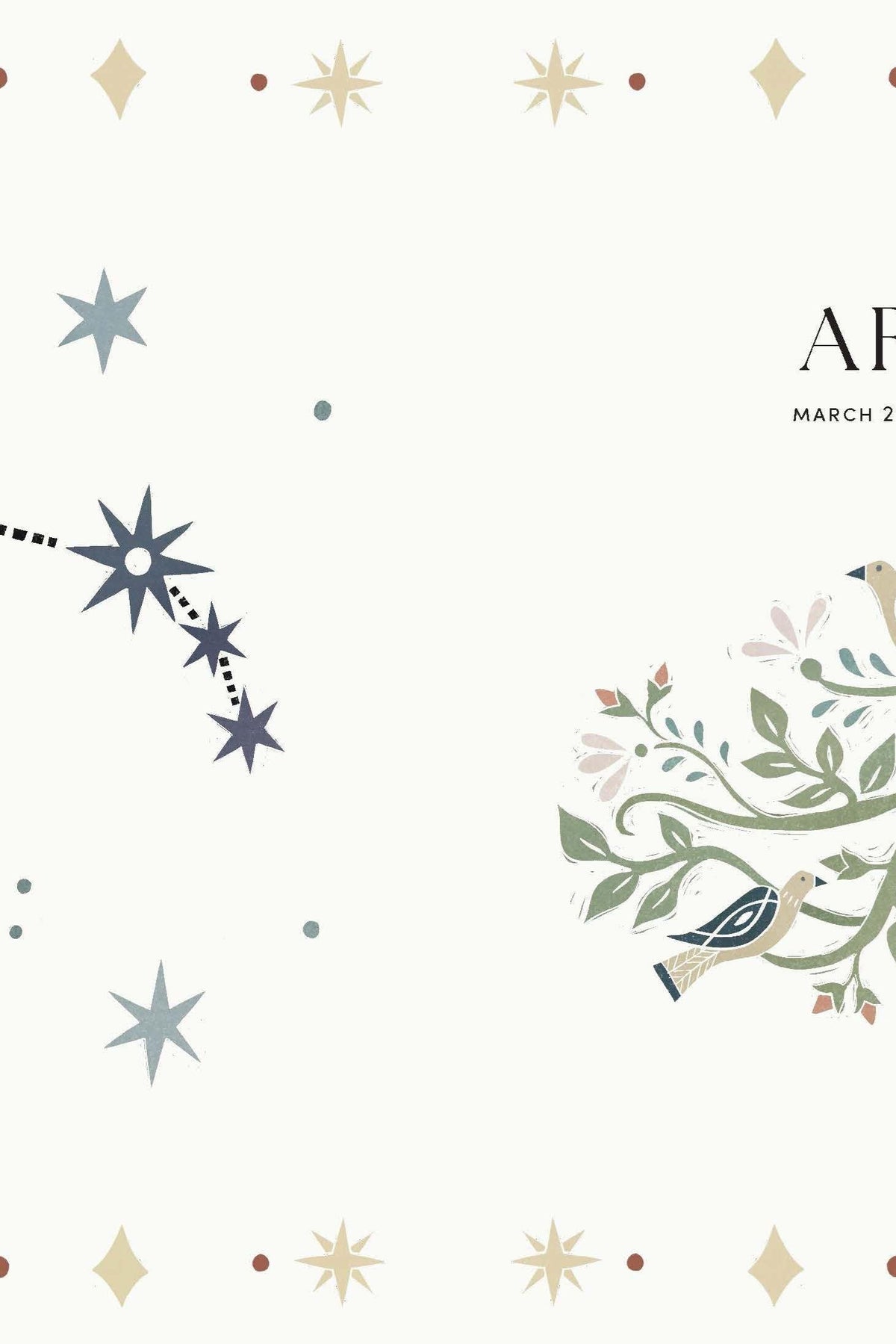 A decorative Aries zodiac print featuring a constellation map and birds in a tree, perfect as a thoughtful astrology gift.