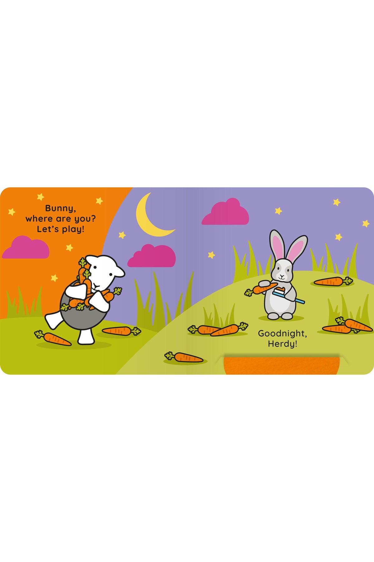 A children's book or printed illustration showing a playful nighttime scene with a white rabbit holding a carrot and a white sheep carrying carrots, set against a purple sky with a yellow moon, pink clouds, and orange grass.