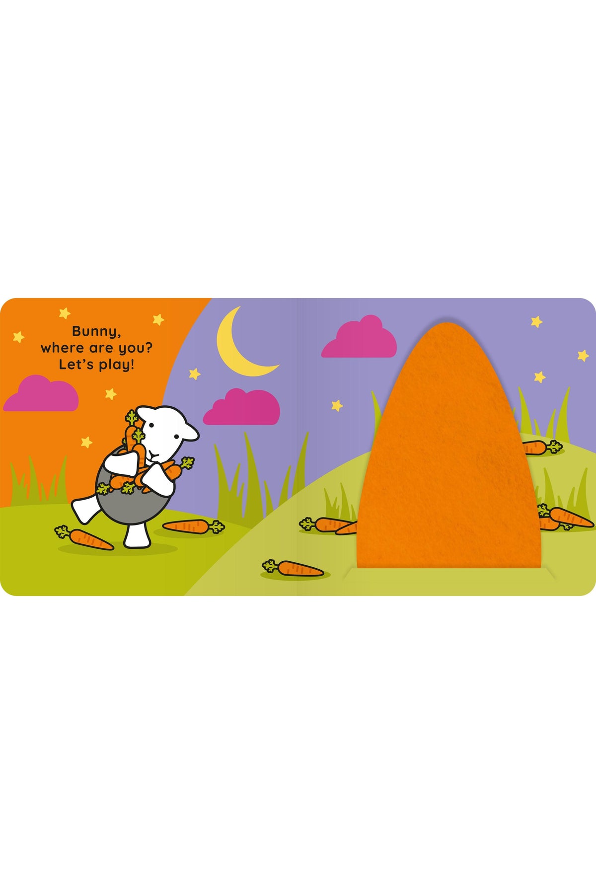 A children's book or activity card illustration showing a white bunny carrying carrots at night, with the text 'Bunny, where are you? Let's play!' and a large blank orange shape on the right.