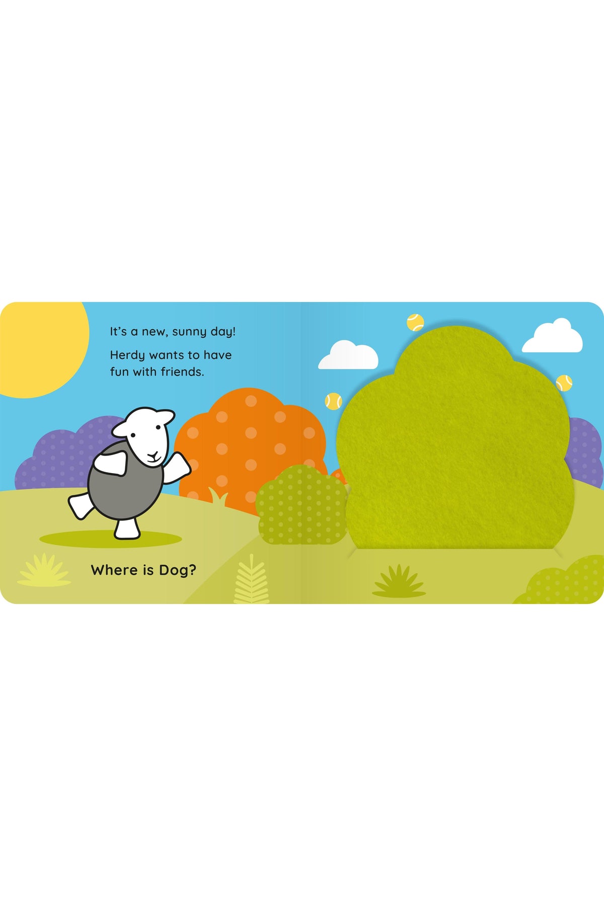 A children's book-style illustration with text reading 'It's a new, sunny day! Herdy wants to have fun with friends.' and 'Where is Dog?' showing a cartoon sheep running across a grassy field under a yellow sun and colorful hills.