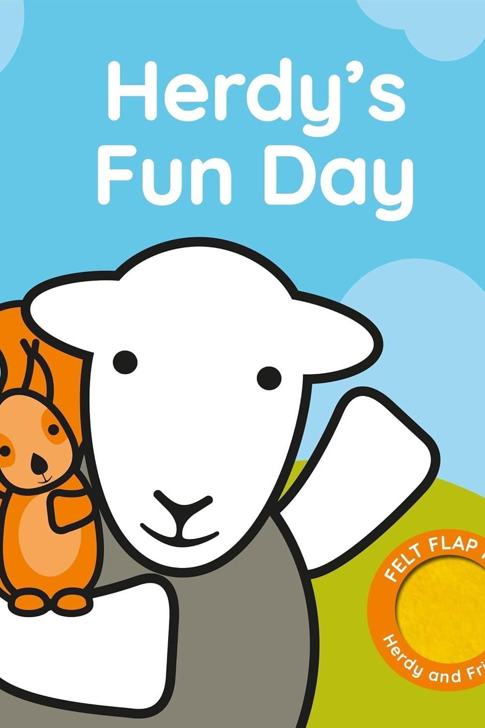 Book cover of 'Herdy's Fun Day' featuring a sheep and a squirrel on a blue sky background.
