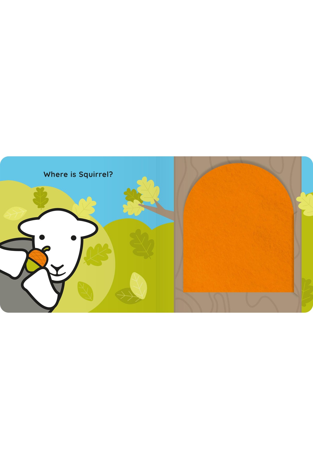 A children's book cover or poster-style illustration with the text 'Where is Squirrel?' at the top. A white sheep holding an acorn appears in the foreground, with green hills, scattered leaves, and a blue sky background.