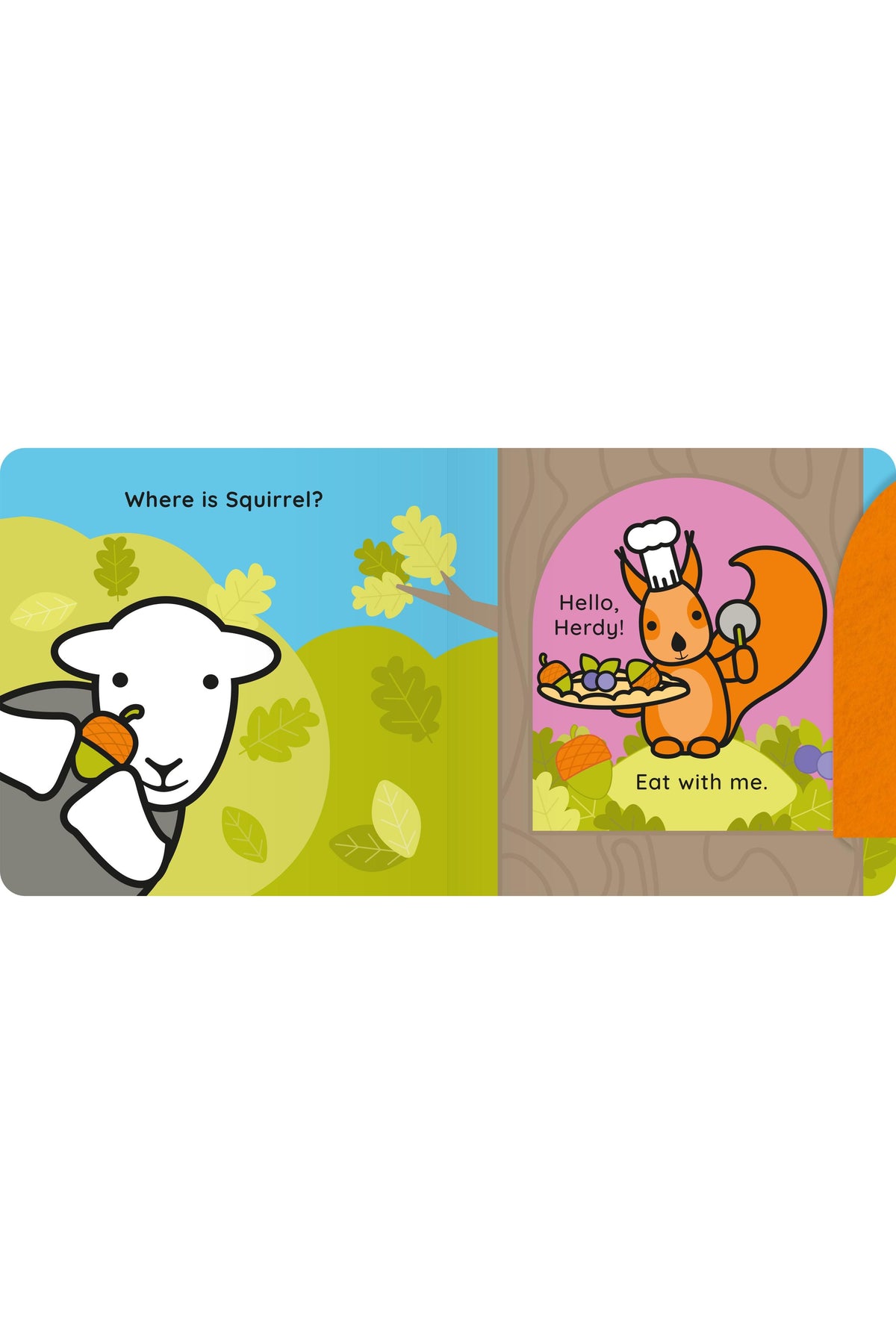 A children's book spread showing two illustrated pages. The left page has a white sheep holding an acorn in a green hillside landscape with the text 'Where is Squirrel?'.