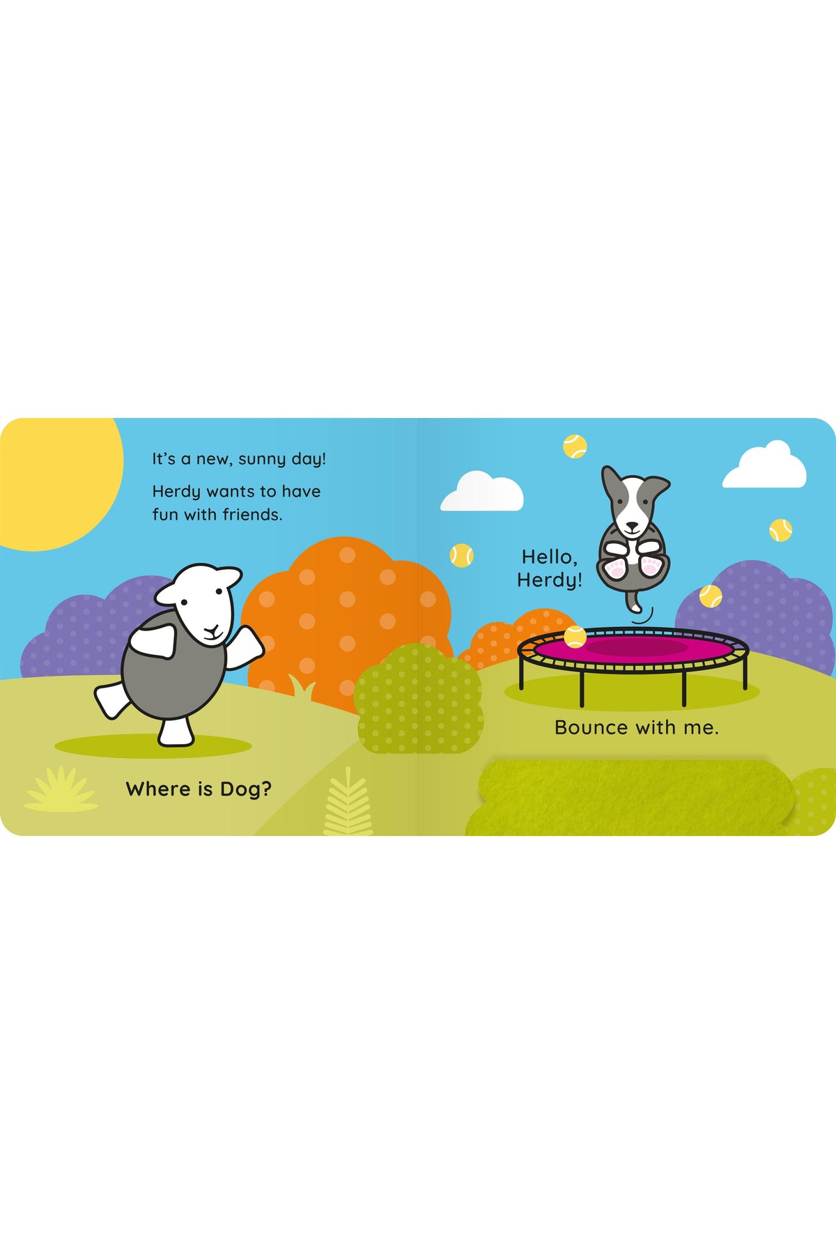 A colorful children's board book or card illustration showing a cartoon dog jumping on a trampoline with tennis balls in a playful outdoor scene. Text reads 'Hello, Herdy!' and 'Bounce with me.