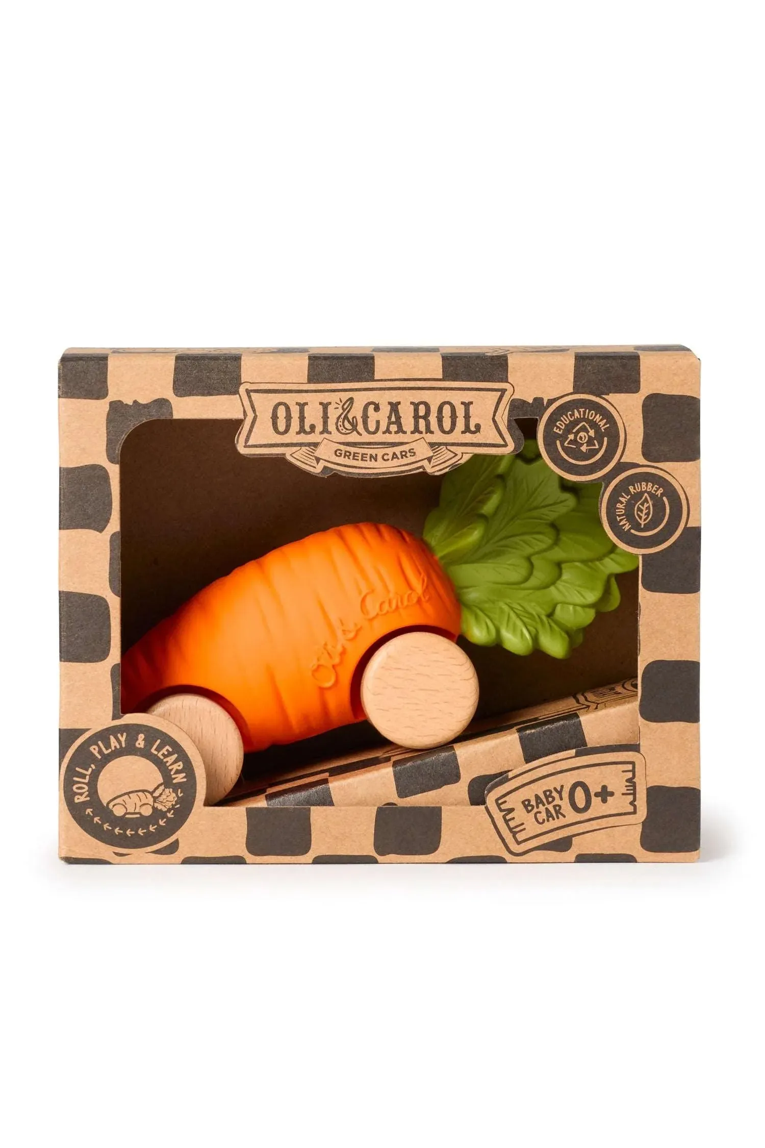 Sustainable carrot-inspired baby car for infants and toddlers, hand-painted with plant-based pigments and non-toxic materials.