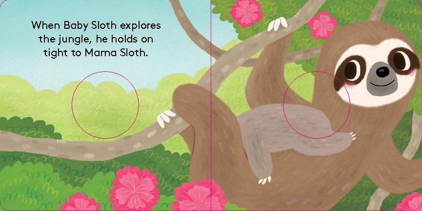 A colorful children's book illustration showing a baby sloth clinging to its mother in a jungle setting.