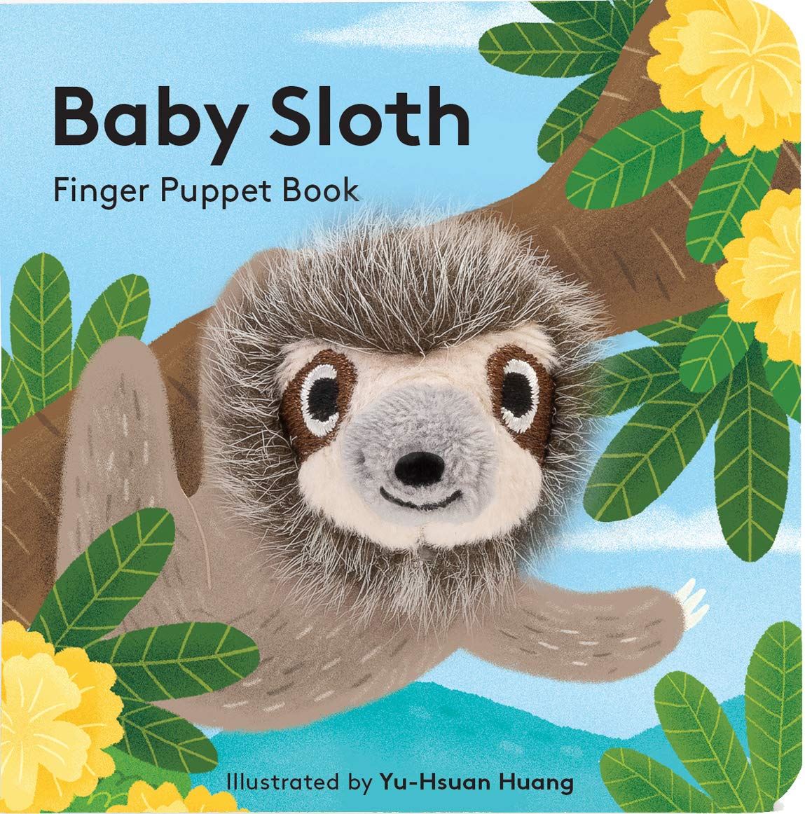 Cover of the Baby Sloth Finger Puppet Book featuring a plush sloth illustration hanging from a tree branch.