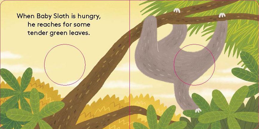 A children's book illustration showing a baby sloth hanging from a tree branch in a forest.