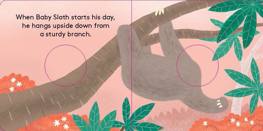 A cute illustration of a baby sloth hanging upside down from a sturdy tree branch in a colorful jungle setting.