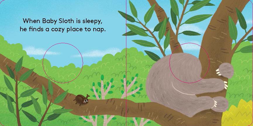 A cute cartoon baby sloth sleeping curled up on a tree branch in a forest setting.