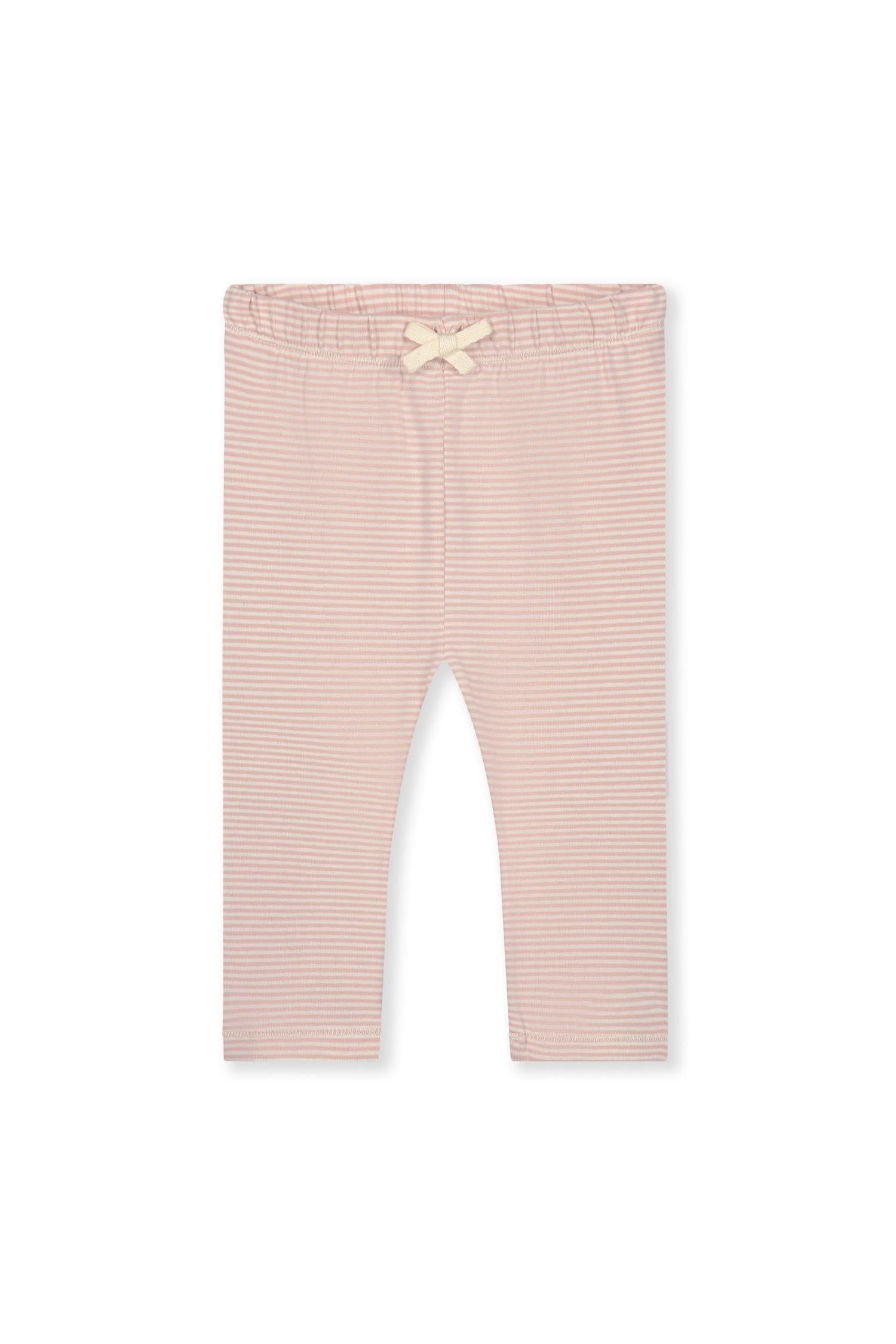 Light pink and white striped baby leggings with an elastic waistband and a cream-colored drawstring tie, shown flat on a white background.