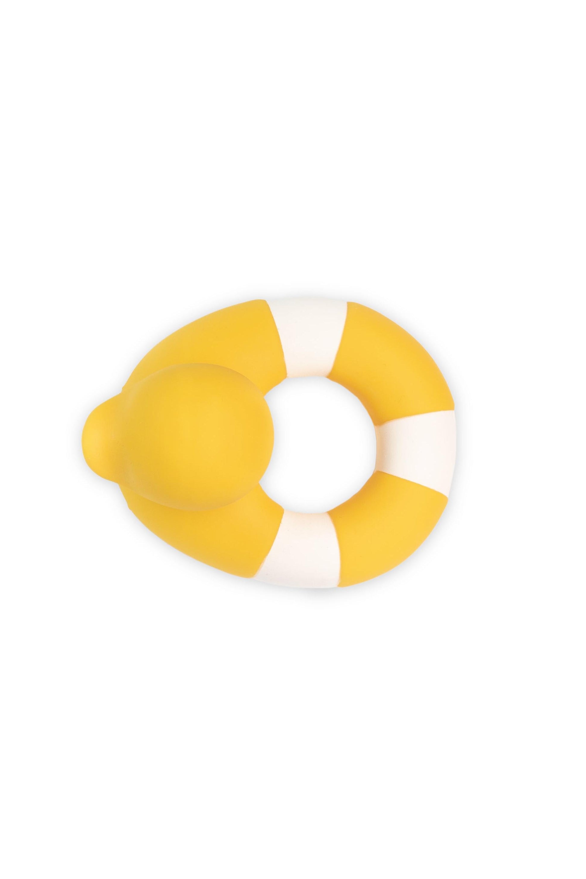 Natural rubber duck teether and bath toy with yellow and white design.