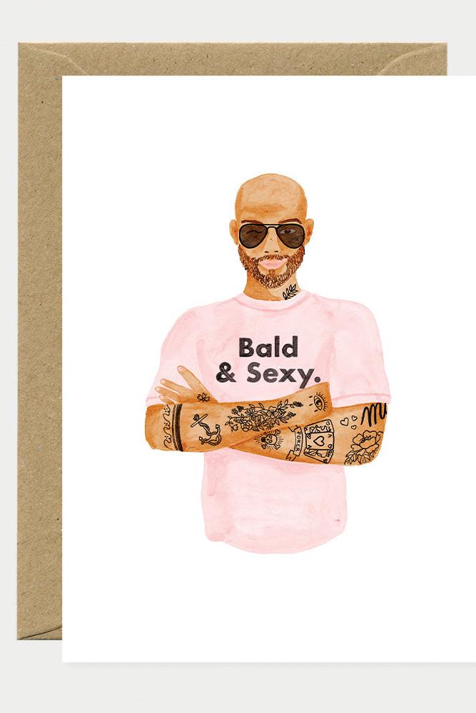 Watercolor illustration of a bald man with tattoos wearing a pink shirt that says Bald & Sexy.