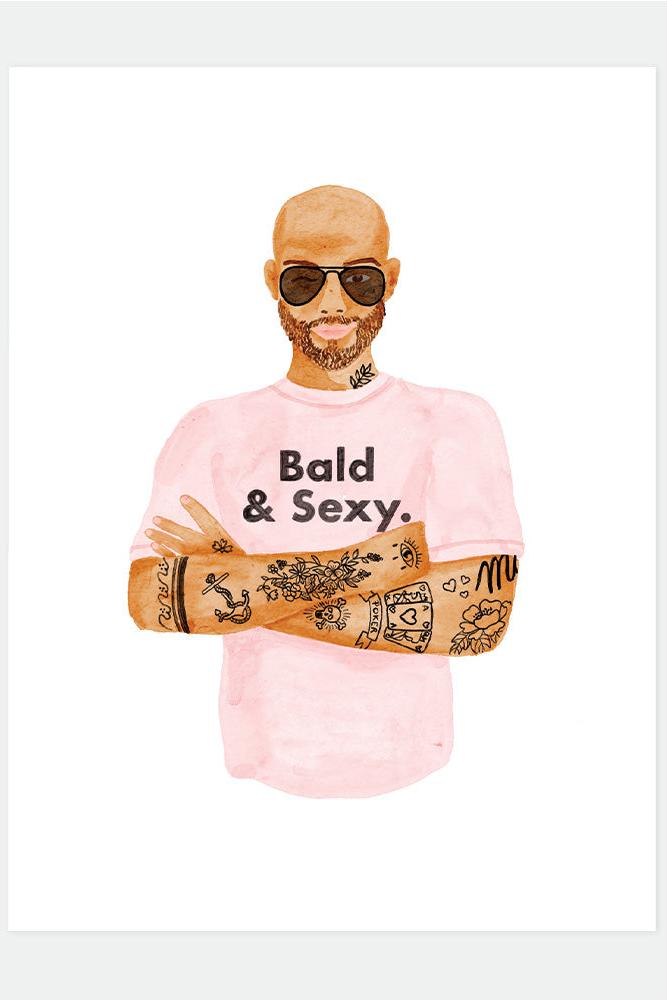 Watercolor illustration of a bald man with tattoos and sunglasses wearing a pink Bald and Sexy t-shirt.