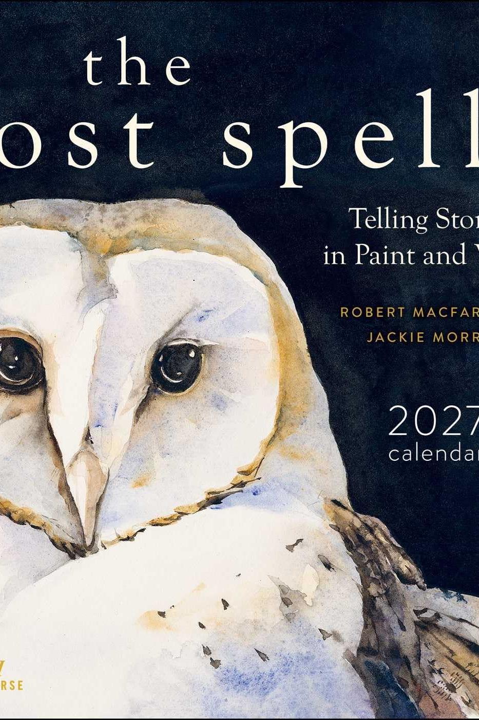 Watercolour painting of a barn owl on The Lost Spells 2027 wall calendar cover.