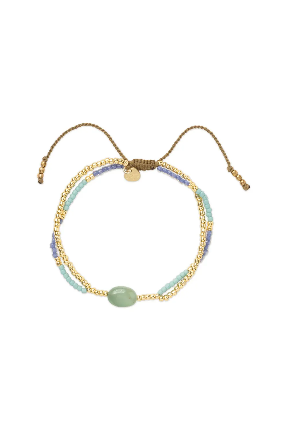 Green blue and gold beaded bracelet with green gemstone on a white background