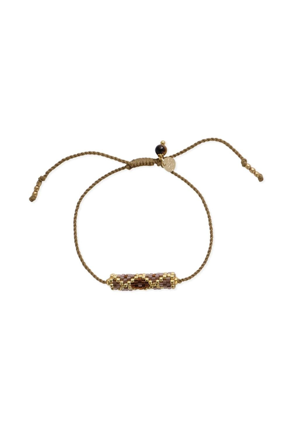 Adjustable women's bracelet featuring a woven bead tube and a small tiger eye gemstone accent.