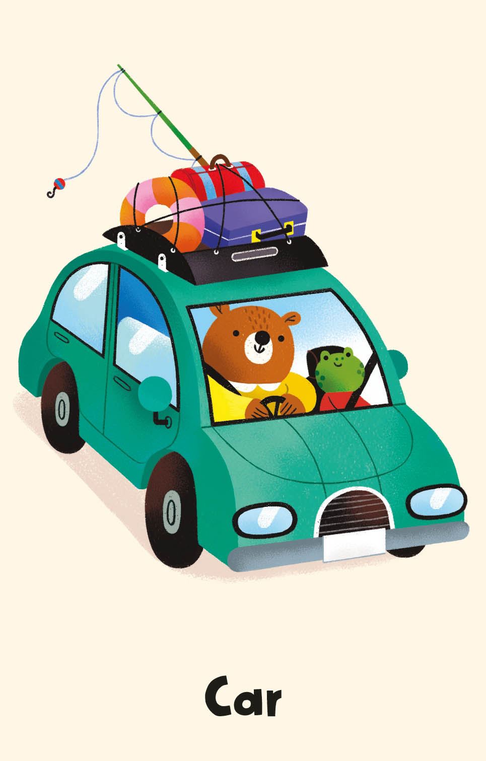A cute illustration of a bear and a frog driving a green car packed for a road trip