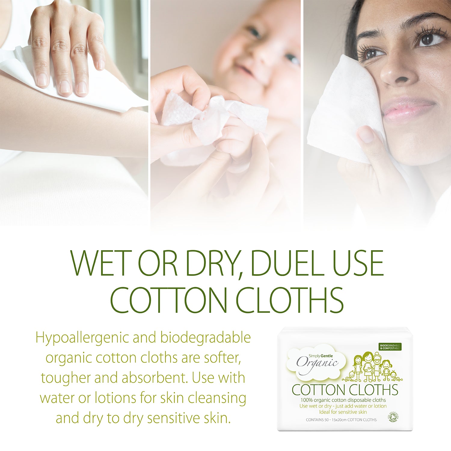 Collage of people using cotton cloths with text about wet or dry dual use and organic cotton cloths.