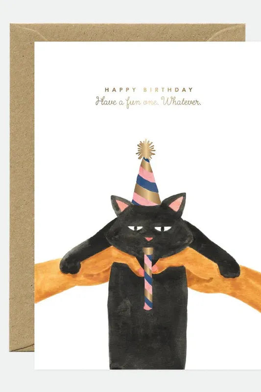 Birthday card with a black cat wearing a party hat on a white background