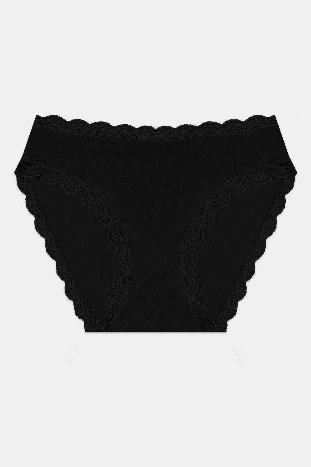 A pair of black classic cut women's underwear with delicate lace trim edges.