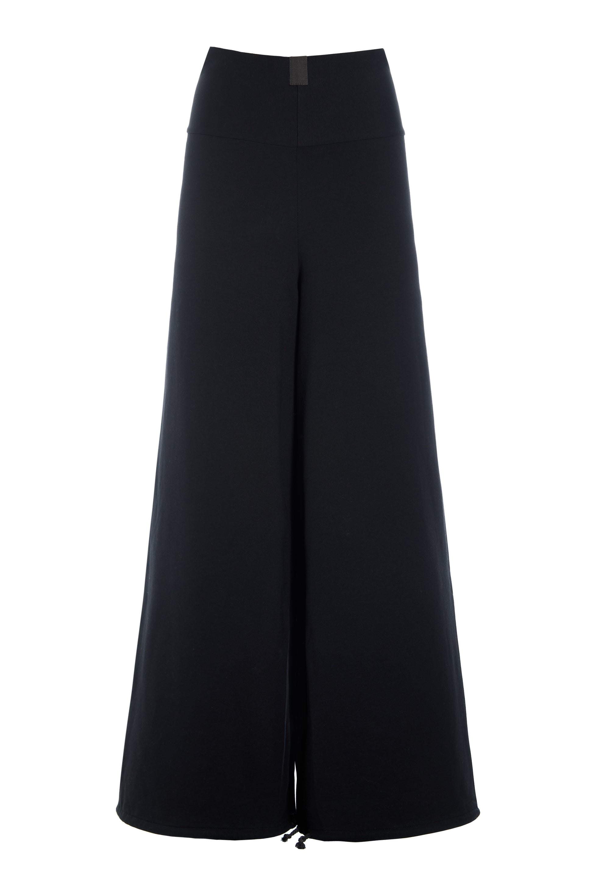 Wide-leg black cotton trousers for women by Henriette Steffensen isolated on white background.