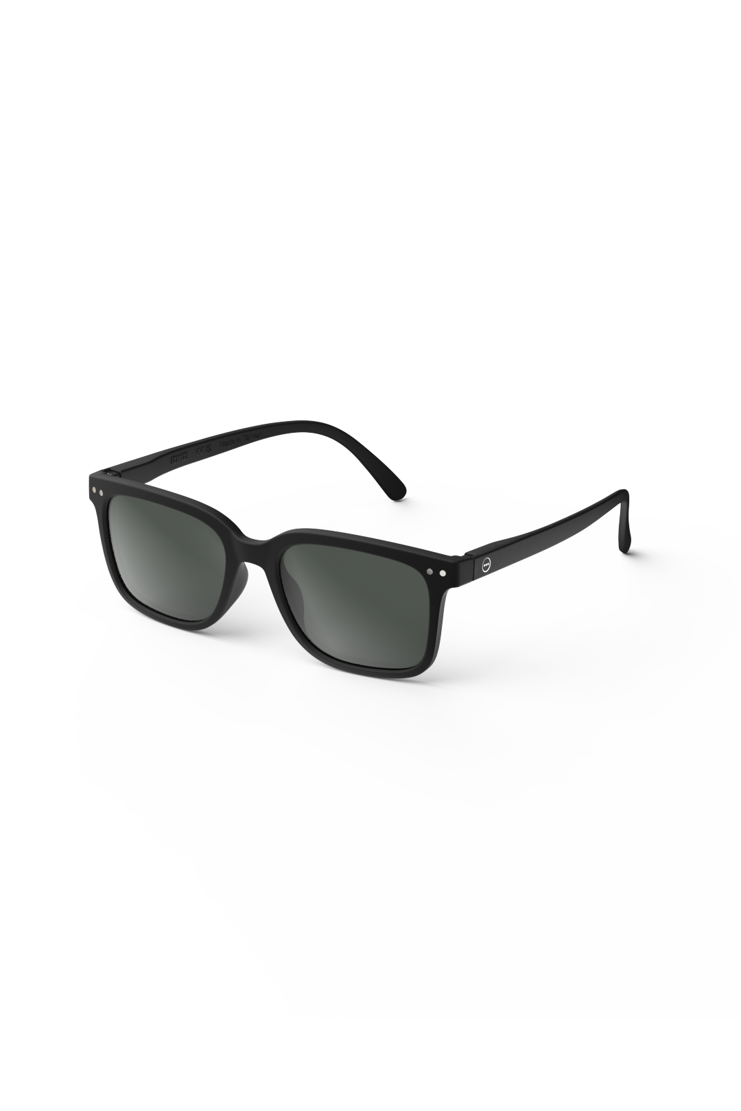 A pair of stylish matte black Izipizi sunglasses with dark lenses against a clean white background.