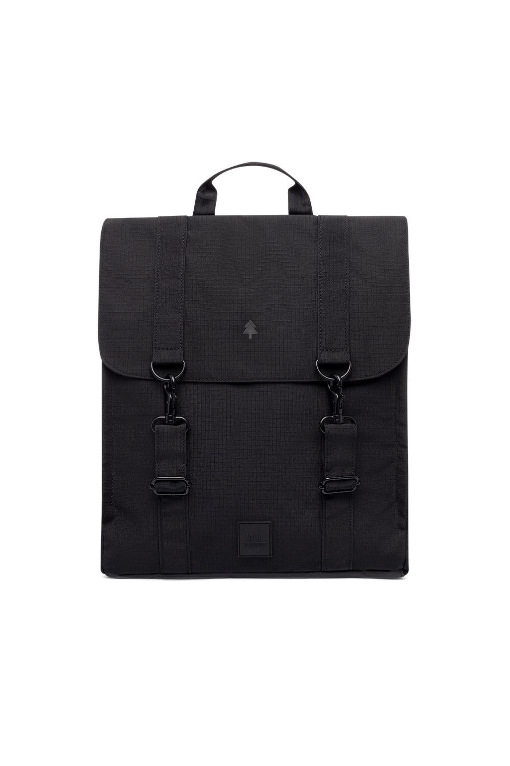 A black textured backpack with a top handle, front flap, and two buckle straps, shown against a plain white background.