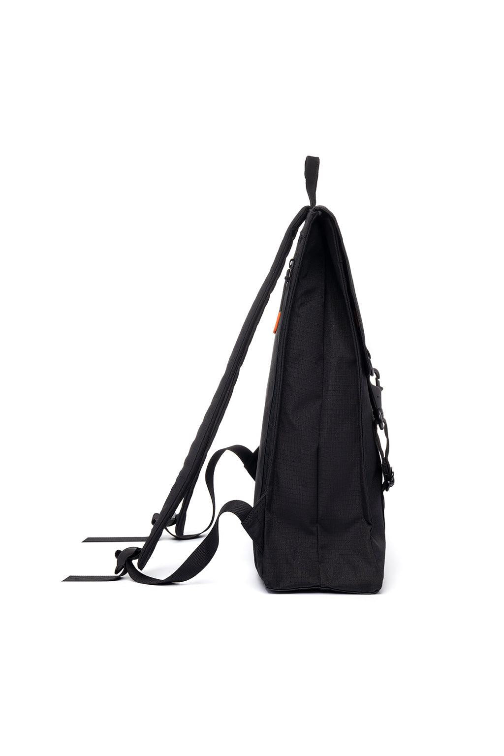 A black fabric shoulder bag shown from a side profile view against a plain white background.