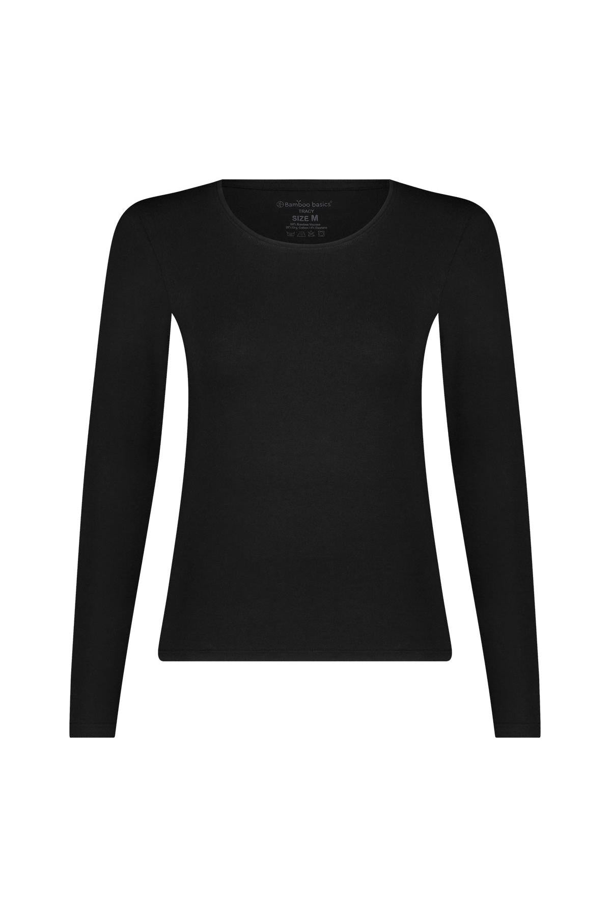 A plain black long-sleeve T-shirt made of bamboo fabric displayed against a white background