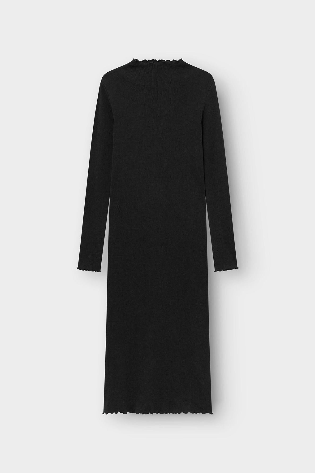 A black long-sleeve knit midi dress with a scalloped or frayed neckline and hem, shown flat against a light gray background.