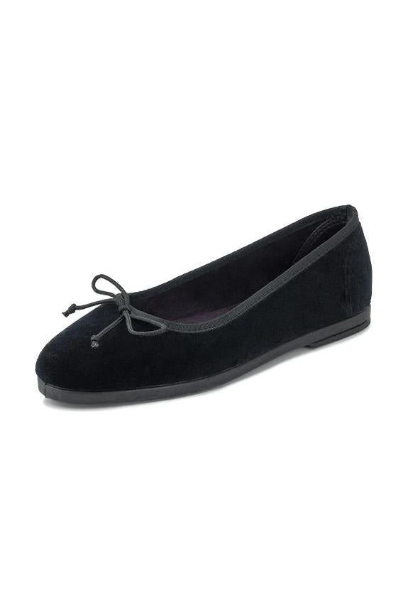 A single black suede ballet flat shoe with a matching black fabric bow on the toe, shown against a plain white background.