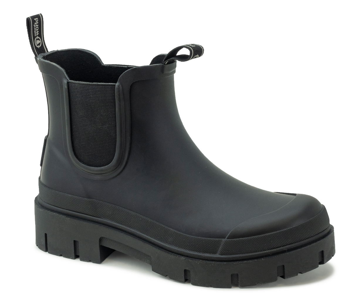 A black waterproof Natural World rubber Chelsea boot with a chunky lug sole against a plain background.