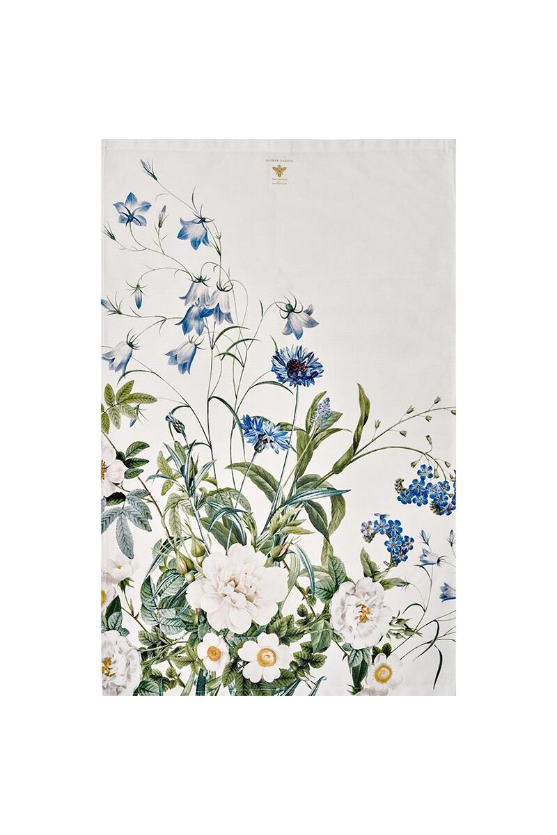 Floral pattern dish towel with blue and white flowers on a white background