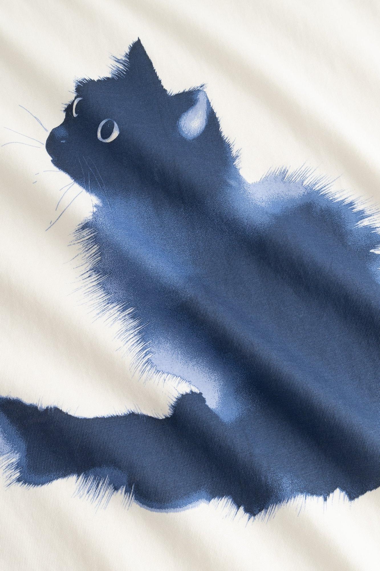 A watercolor-style illustration of a black cat sitting and looking to the left, rendered in dark blue and black tones on a soft cream background.