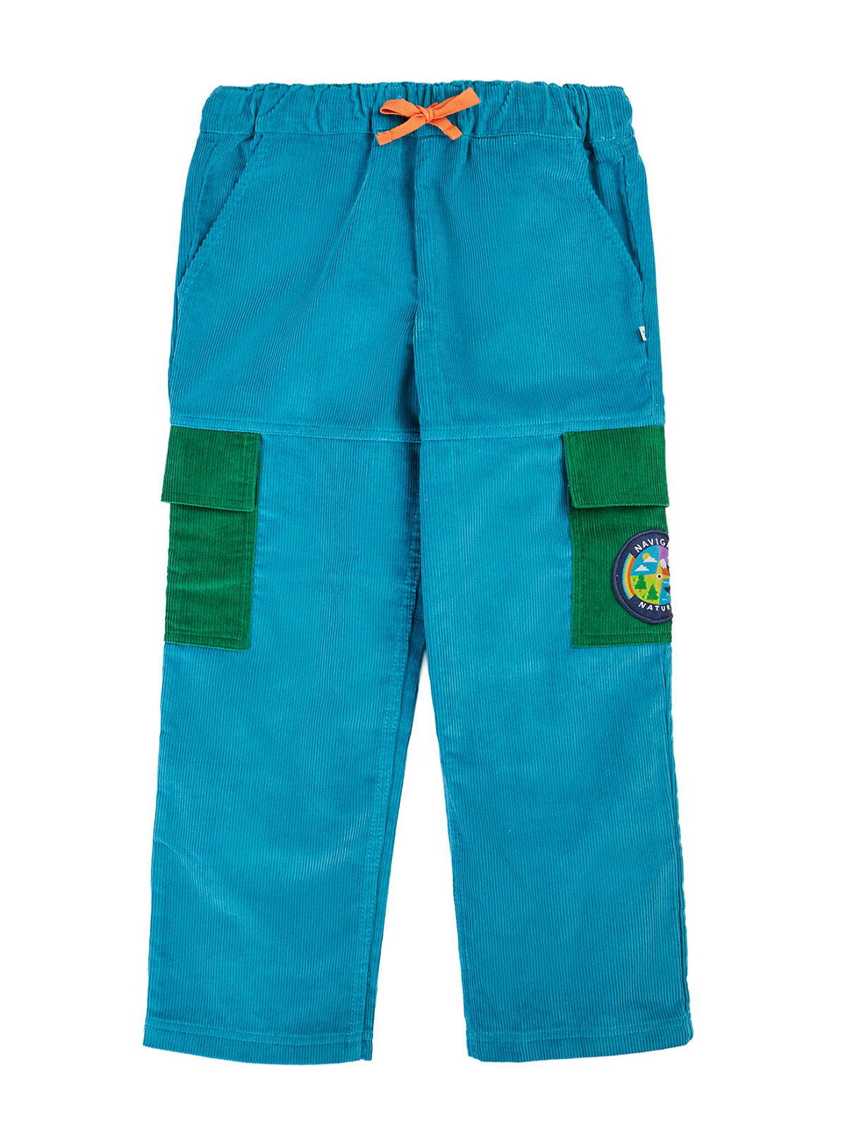 Bright blue corduroy trousers with green cargo pockets and an orange drawstring for kids.