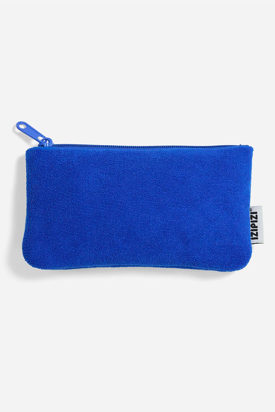 Bright blue Izipizi glasses pouch made of textured fabric against a plain white background