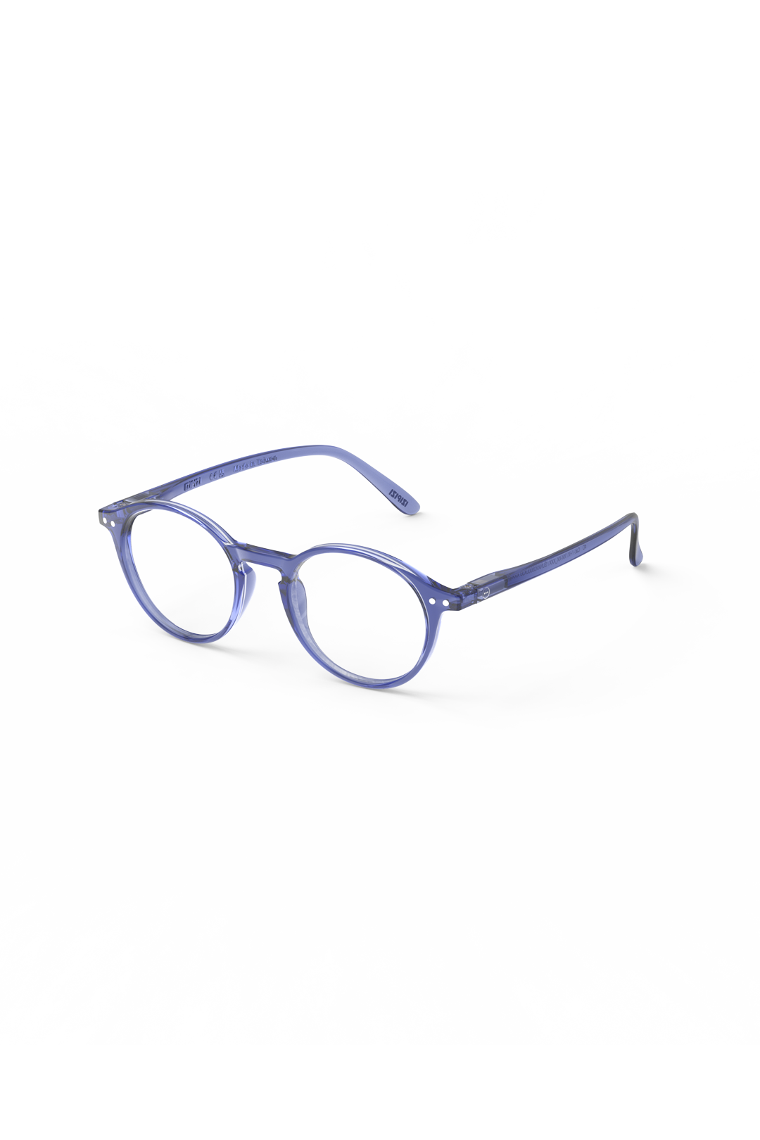 Transparent blue Izipizi round reading glasses on a white background