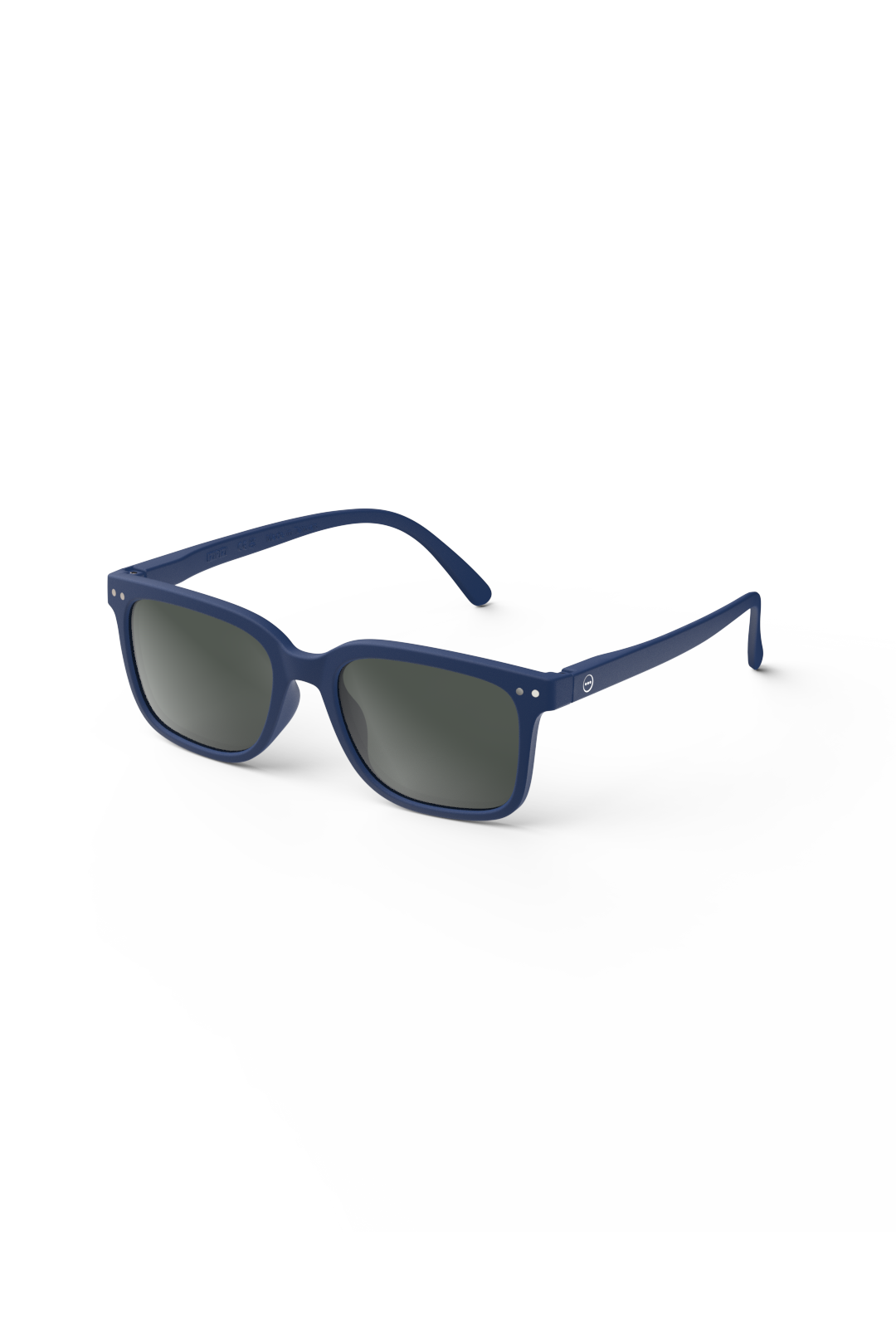 A pair of matte navy blue Izipizi sunglasses with dark lenses displayed on a clean white background.