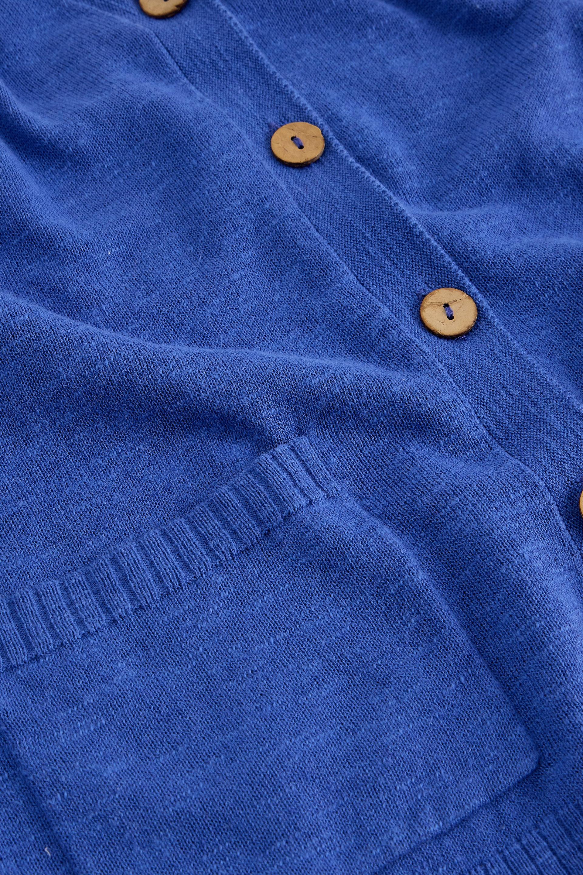 Close-up of a blue organic cotton cardigan featuring textured knit fabric and round wooden buttons.