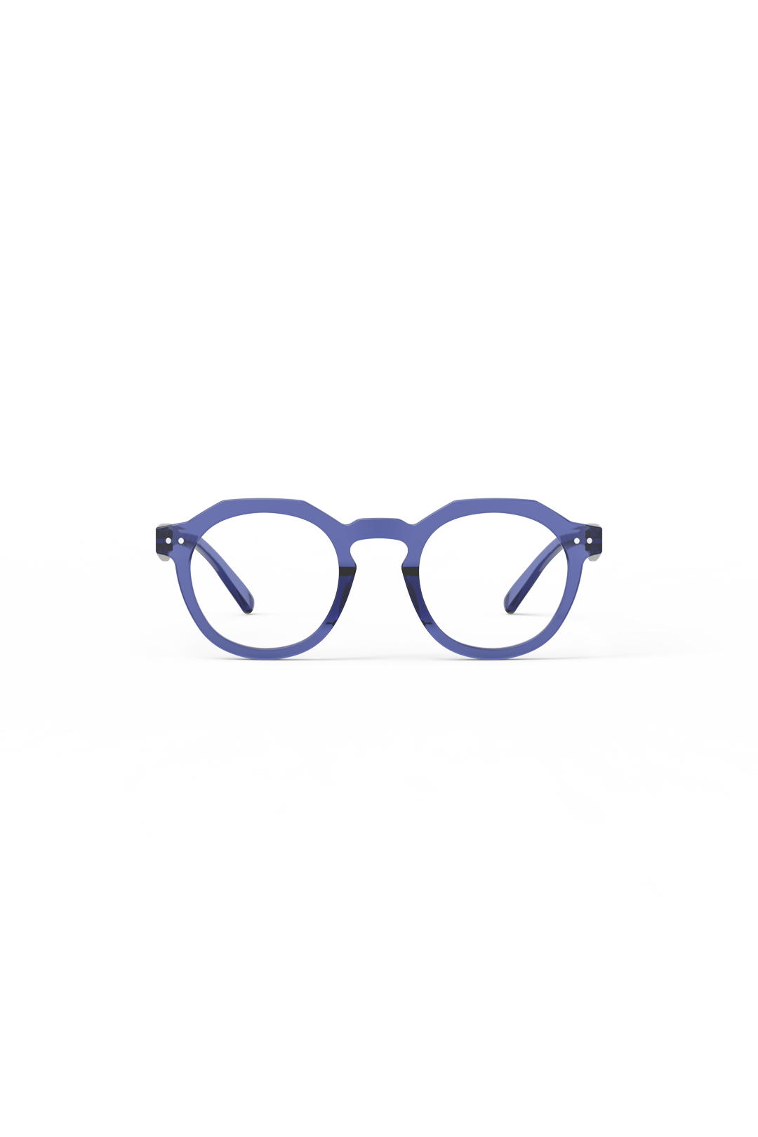 A pair of stylish blue round Izipizi ready readers isolated on a white background.