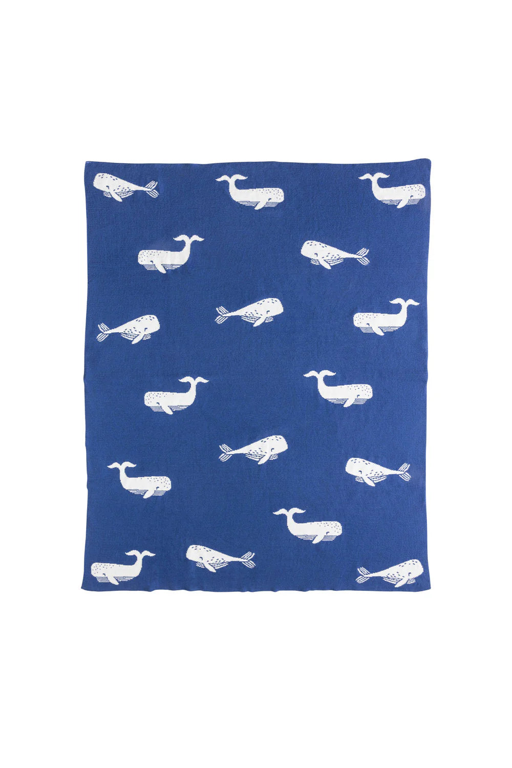 A blue baby blanket featuring a repeating white whale pattern made from soft organic cotton.