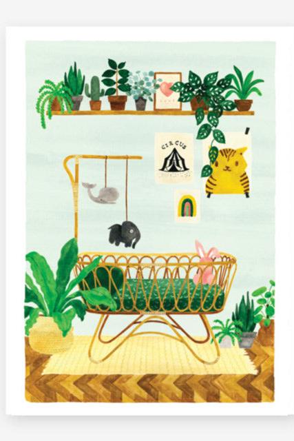 Illustrated boho nursery with a rattan crib, hanging mobile, and various houseplants against a soft green wall.